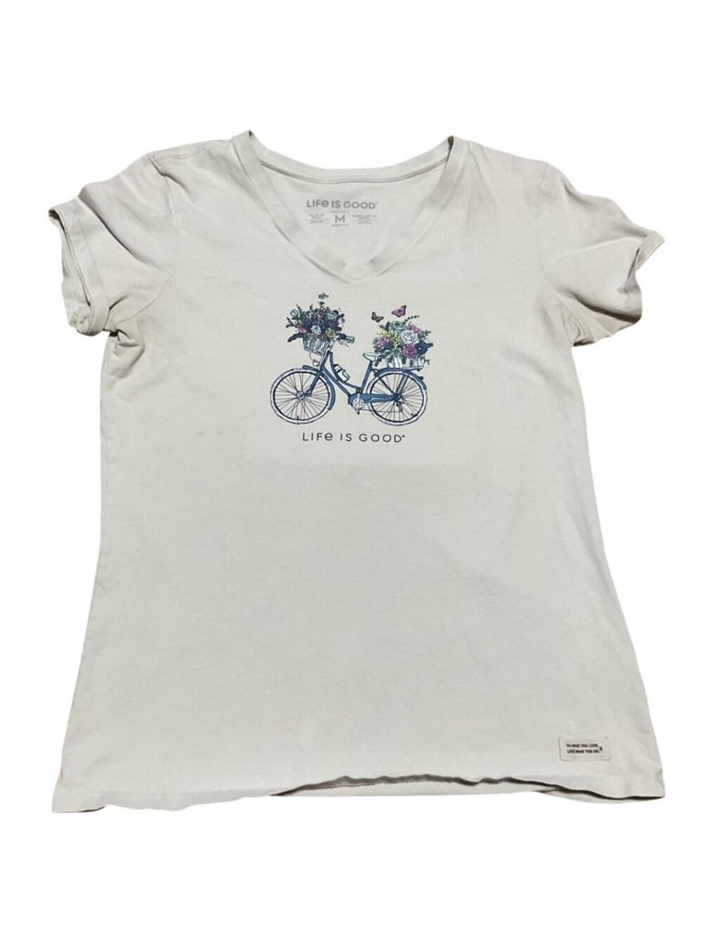 Life Is Good Womens Crusher Tee Sz M With Floral Bike Graphic V-Neck Gray